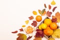 Composition of autumn colored leaves and citrus fruits. Lemons, tangerines, grapefruits in a wooden plate on a light background.