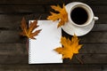 Composition with autumn leaves, blank notebooks, a cup of coffee on a wooden table Royalty Free Stock Photo