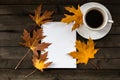 Composition with autumn leaves, blank notebooks, a cup of coffee on a wooden table Royalty Free Stock Photo