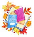 Composition with autumn leaves, books and notepads. Hand drawn watercolor illustration