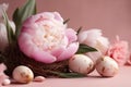 background spring peony easter pink floral blossom holiday egg flower festive. Generative AI. Royalty Free Stock Photo