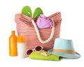 Composition with bag and beach accessories Royalty Free Stock Photo