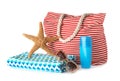 Composition with bag and beach accessories on white Royalty Free Stock Photo