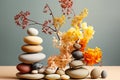 Composition of balancing stones with dried flowers. Concept of balance, eco frendly Royalty Free Stock Photo