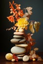 Composition of balancing stones with dried flowers. Concept of balance, eco frendly