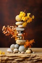 Composition of balancing stones with dried flowers. Concept of balance, eco friendly