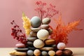 Composition of balancing stones with dried flowers. Concept of balance, eco friendly