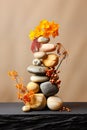 Composition of balancing stones with dried flowers. Concept of balance, eco friendly