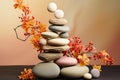 Composition of balancing stones with dried flowers. Concept of balance, eco friendly