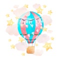 A composition with a balloon in clouds and stars painted in watercolor and isolated on a white background.