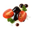 Composition with balsamic vinegar isolated on white, top view.