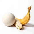 Composition with banana and plaster sphere on white background Royalty Free Stock Photo