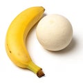 Composition with banana and plaster sphere on white background Royalty Free Stock Photo