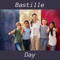 Composition of bastille day text over diverse family and flag of france Royalty Free Stock Photo