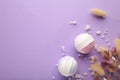 Composition with bath bombs, sea salt, dry flowers on purple background Royalty Free Stock Photo