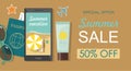 Composition with beach accessories. Sunglasses, passport , sun block and phone. Summer sale banner