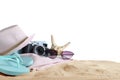 Composition with beach objects on sand against background. Space for text Royalty Free Stock Photo