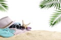 Composition with beach objects on sand against background. Space for text Royalty Free Stock Photo