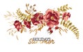 Composition of beautiful burgundy rose and gold tropical leaves on white background.