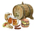 Composition with beer barrel, beer mugs and snacks.Sausages and hamburger, street food,Watercolor illustration7