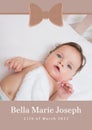 Composition of bella marie joseph text with birth date over caucasian baby on beige background