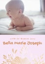 Composition of bella marie joseph text with birth date over caucasian baby on pink background