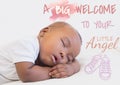 Composition of a big welcome to your little angel with african american baby sleeping and booties