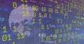 Composition of binary coding and data processing over globe on blue background Royalty Free Stock Photo