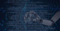 Composition of binary coding data processing over robot holding globe Royalty Free Stock Photo