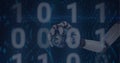 Composition of binary coding data processing over robot holding globe Royalty Free Stock Photo