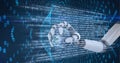 Composition of binary coding data processing over robot holding globe Royalty Free Stock Photo