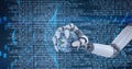 Composition of binary coding data processing over robot holding globe Royalty Free Stock Photo