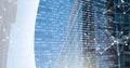 Composition of binary coding and networks of connections over cityscape Royalty Free Stock Photo