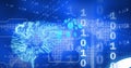 Composition of binary coding over computer circuit board and world map Royalty Free Stock Photo