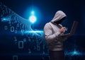 Composition of binary coding over hacker in hood using credit card and laptop
