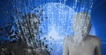 Composition of binary coding processing over exploding human busts and globe Royalty Free Stock Photo