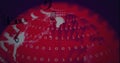 Composition of binary coding processing over red globe and icons in background Royalty Free Stock Photo