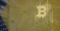 Composition of bitcoin symbol and binary coding processing on world map background