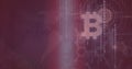 Composition of bitcoin symbol and binary coding processing on world map background
