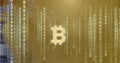 Composition of bitcoin symbol and binary coding processing on yellow background