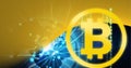 Composition of bitcoin symbol over connections and globe on yellow background