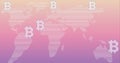 Composition of bitcoin symbols on world map pink background