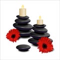 The composition of black stones, candles and red flowers