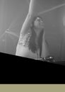 Composition of black and white image of woman djing with black and grey copy spaces