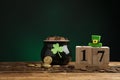 Composition with block calendar on wooden table. St. Patrick`s Day celebration Royalty Free Stock Photo