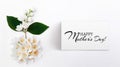 Composition of blooming flowers. Jasmine branch growing out of the circle of jasmine buds. Inscription Happy Mother`s Day. Banner Royalty Free Stock Photo