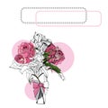 Composition with  blossoming pink  of roses, circles and frame. Hand drawn ink and colored sketch  of  rose flowers. Royalty Free Stock Photo