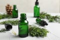 Composition with bottle of conifer essential oil on light table Royalty Free Stock Photo