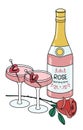 Composition with bottle of Pink Sparkling Champagne wine, couple of glasses, rose and strawberries. Cute Valentines day