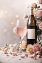 Composition with bottle of Pink Sparkling Champagne wine, wine glasses, pink rose. Cute Valentines day doodle cartoon hipster Royalty Free Stock Photo